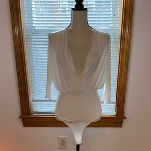 Fashion Nova White V-Neck Draped Long-Sleeve Bodysuit